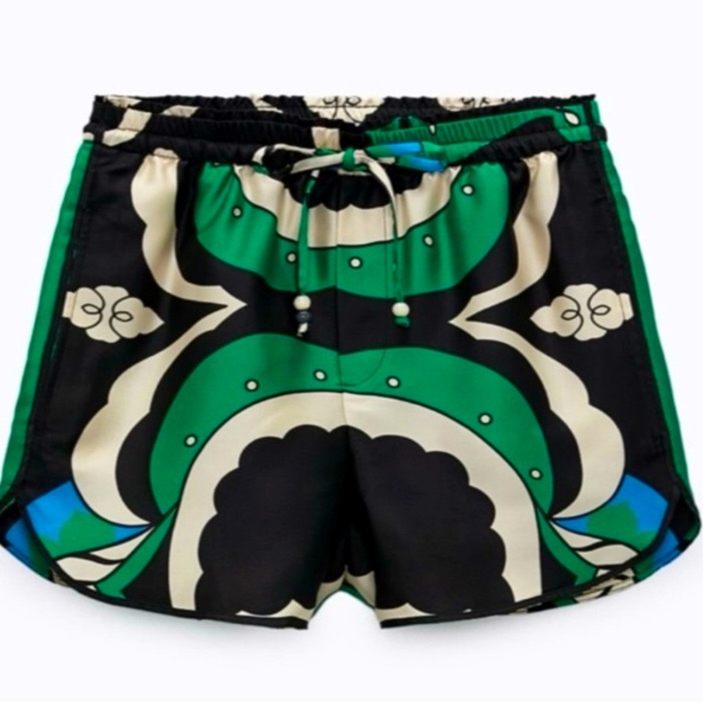 Zara Green Multicolored Silky Shorts. NWOT. Size Small.